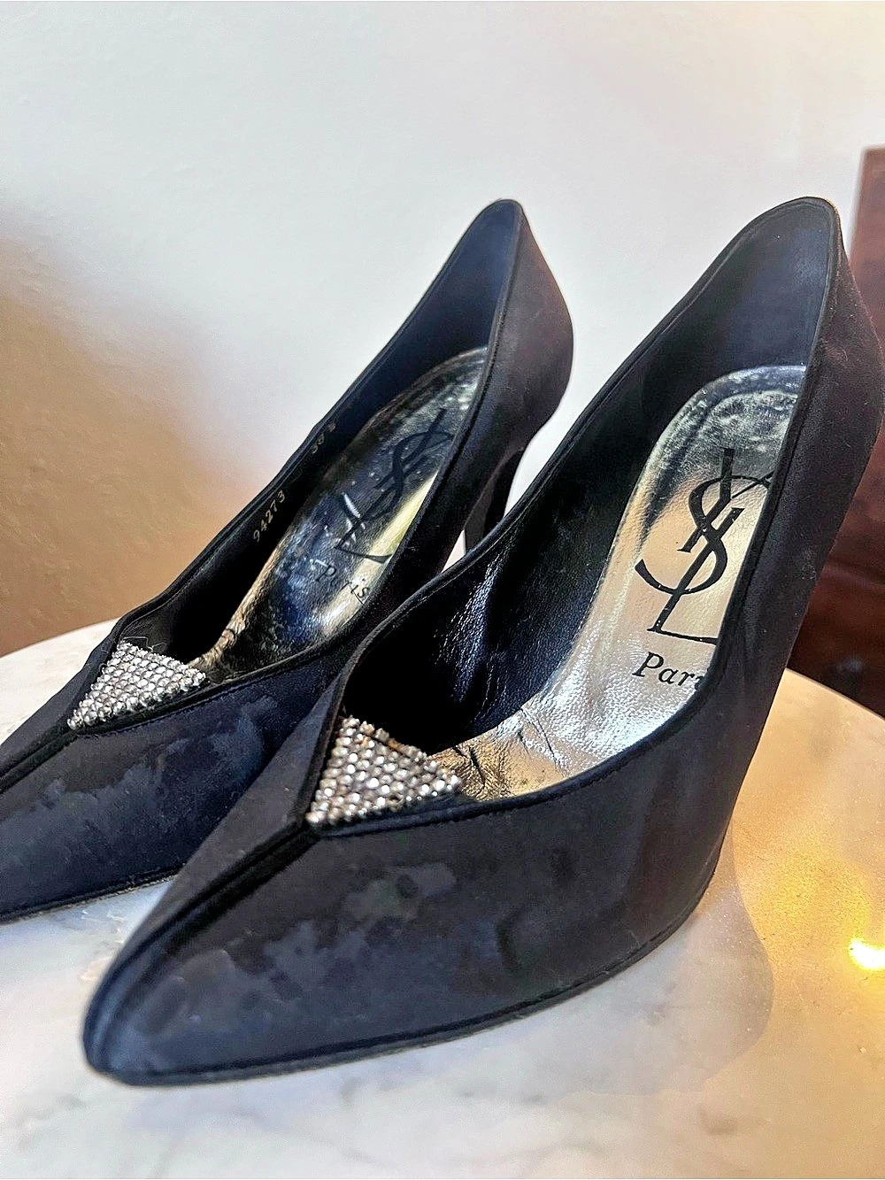 Yves Saint Laurent Black Crystal-Embellished Pointed-Toe Heels
